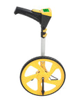 Digital Display Measuring Wheel With Bright Backlit Screen And Sturdy Kickstand Portable Survey Device Up To 99999 Foot Or Meter Distances side view featuring yellow wheel and ergonomic handle.