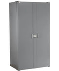 Workhorse Steel Storage Cabinet With Adjustable Interior Shelves And Heavy Duty Deep Pocket Doors for tool and hardware organization.