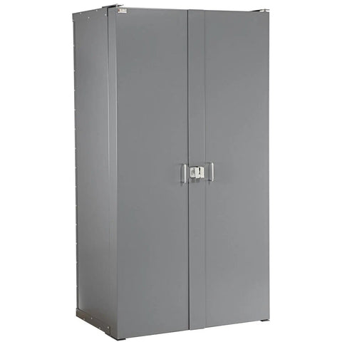 Workhorse Steel Storage Cabinet With Adjustable Interior Shelves And Heavy Duty Deep Pocket Doors for tool and hardware organization.