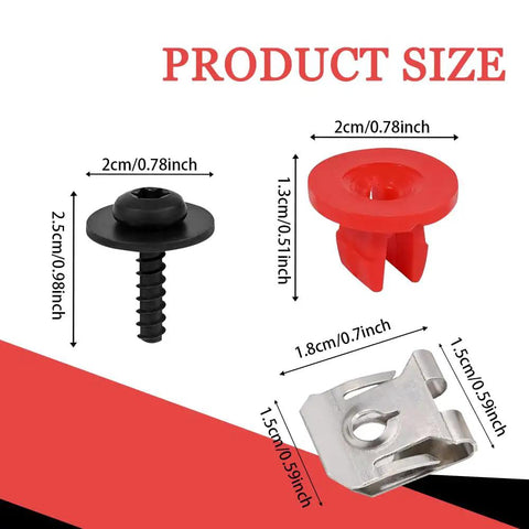 Premium T30 Torx Engine Splash Shield Fastener Clip Kit components showing sizes of screws and clips in black and red.