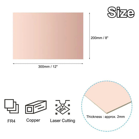 Diagram showing dimensions of 8x12 Inch Double-Sided Copper Clad PCB Boards Set of 4 2mm FR4 Copper Laminate Prototyping Boards for DIY Etching