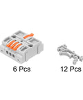 Heavy Duty DIN Rail Press Quick Terminal Blocks 1 In 3 Out 28-12AWG Snap On Wire Connectors showing 6 pcs block with orange levers.