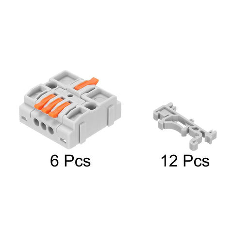 Heavy Duty DIN Rail Press Quick Terminal Blocks 1 In 3 Out 28-12AWG Snap On Wire Connectors showing 6 pcs block with orange levers.
