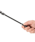 Hand holding 3/8 Inch Drive 12 Inch Flex Head Quick Release Long Ratchet With 180 Degree Flex 9 Detent Angles And 90 Tooth Gear