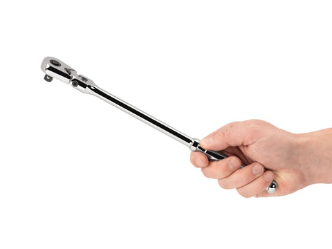 Hand holding 3/8 Inch Drive 12 Inch Flex Head Quick Release Long Ratchet With 180 Degree Flex 9 Detent Angles And 90 Tooth Gear