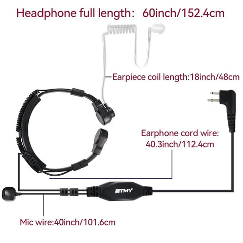 Throat Mic Tactical Headset With Air Tube Earpiece, 60-inch length, 2-pin radio connector, throat vibration tech for noisy environments