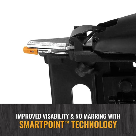 Finish Nail Gun 16 Gauge Pneumatic Nailer with Clip Head Design close-up showing Smart Point technology for easy nail placement.
