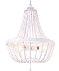 Wood Bead Chandelier Light Fixture In White Finish Farmhouse Bohemian 4 Light Empire Pendant with draped bead design
