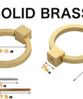 12 Pieces Solid Brass Ring Pull Handles For Dresser Cabinets Wardrobe Doors And Bedroom Furniture Hardware Brushed Gold Finish, size details shown