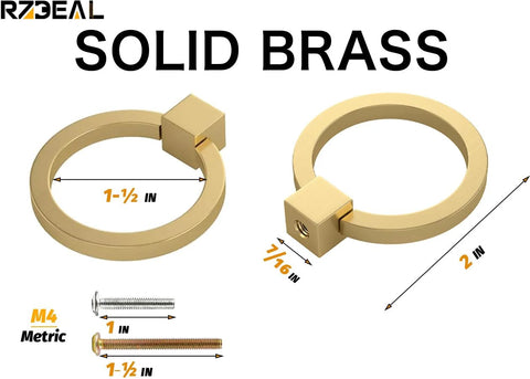12 Pieces Solid Brass Ring Pull Handles For Dresser Cabinets Wardrobe Doors And Bedroom Furniture Hardware Brushed Gold Finish, size details shown