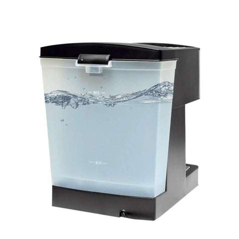Electric Milk Frother For Cappuccino And Latte Brewing Stainless Steel Coffee Steamer with clear water reservoir and black accents.