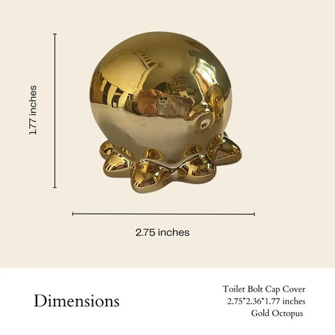 Darn Slick Ceramic Gold Octopus Toilet Bolt Caps Two Pack with dimensions showing 2.75x2.36x1.77 inches.