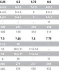 Size chart for Falcon NTS Color Quad Skate Plate Purple Size 7 With One Piece Cast Truck 8mm Axles showing boot sizes.