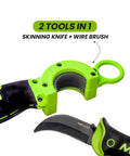 Close-up of BrushBlade Lineman Knife with cutting blade and built-in wire brush, green handle detail, for electricians and linemen