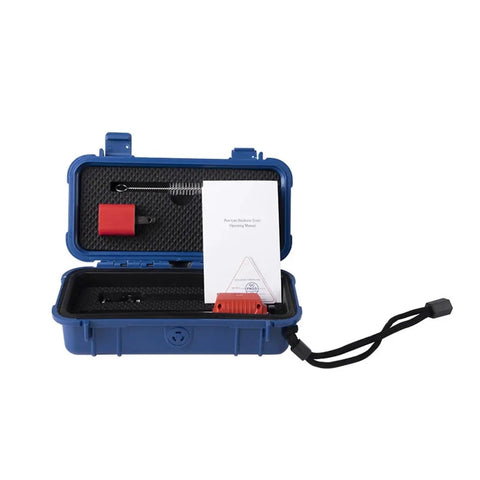 Portable Pen Style Digital Hardness Gauging Tool For Stainless Steel And Titanium Featuring Real Deal Multi Scale Readouts Including Hrc Hrb And Dead On Precision in a blue carrying case with accessories.