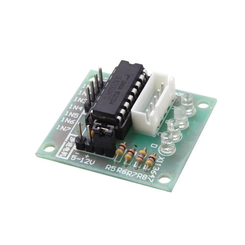 ULN2003 28BYJ-48 four-phase stepper motor drive board with angled front view on green PCB and white header connector