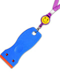 1.5 Inch Plastic Razor Scraper With Ten Double Edged Blades, blue handle, purple lanyard, smiley face clip, orange blade.