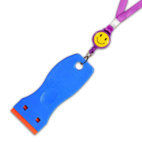 1.5 Inch Plastic Razor Scraper With Ten Double Edged Blades, blue handle, purple lanyard, smiley face clip, orange blade.