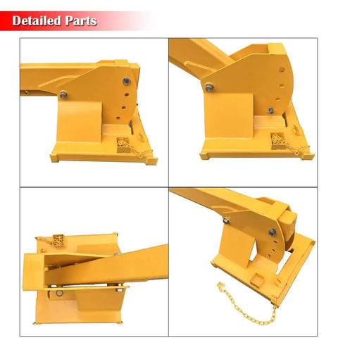 Detailed view of Heavy Duty Forklift Jib Boom Crane Attachment With Extendable Telescopic Boom Arm and Adjustable Tilt.