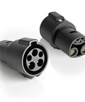 SAE J1772 To Nacs Electric Vehicle Charger Adapter Conversion Plug showing front and back view of compact black connector.
