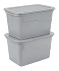 Stacked Six Pack Heavy Duty 30 Gallon Plastic Storage Containers With Secure Lids, Gray bins for organization.