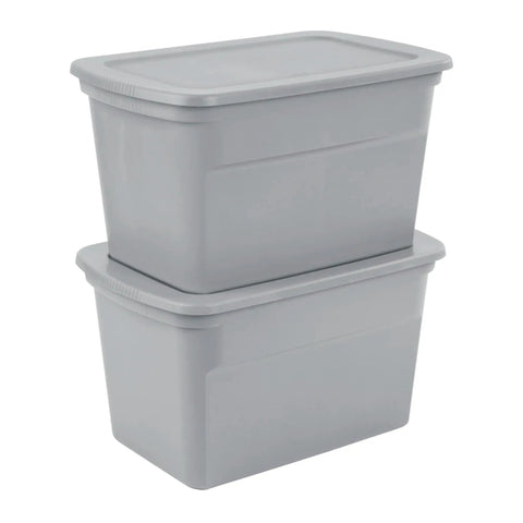 Stacked Six Pack Heavy Duty 30 Gallon Plastic Storage Containers With Secure Lids, Gray bins for organization.