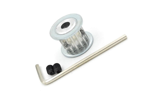 Pro Grade Aluminum 18 Tooth Timing Pulley 50 Pack With Dead Nuts True D Type Bore, mounting hardware, and Allen wrench.