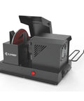 Heavy Duty Lawn Mower Blade Sharpener And Grinder, 5 Inch Ceramic Wheel, side view showing ceramic wheel and power button.