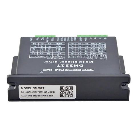StepperOnline DM332T digital stepper motor driver, front view showing model label and QR code on dark enclosure