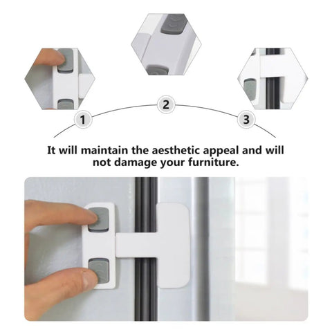Hand using Fridge And Cabinet Safety Lock Set With Protective Plastic Covers, Quick Peel And Stick No Drill Install