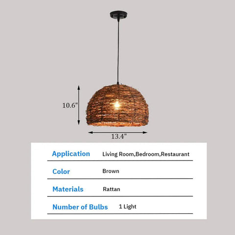 Cozy Vibe Rattan Pendant Light Fixture With Beach Wicker Dome Shade, Adjustable Hanging Cord Up To 47 Inches, Natural Brown