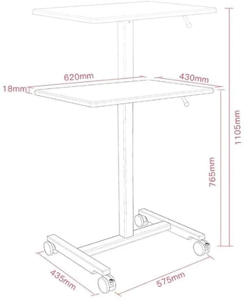 Hella Sturdy Height Adjustable Mobile Standing Desk With Smooth Glide Casters And Rustproof White Steel Top Portable Laptop Workstation and Rolling Podium for Home Office Space, dimensions labeled.