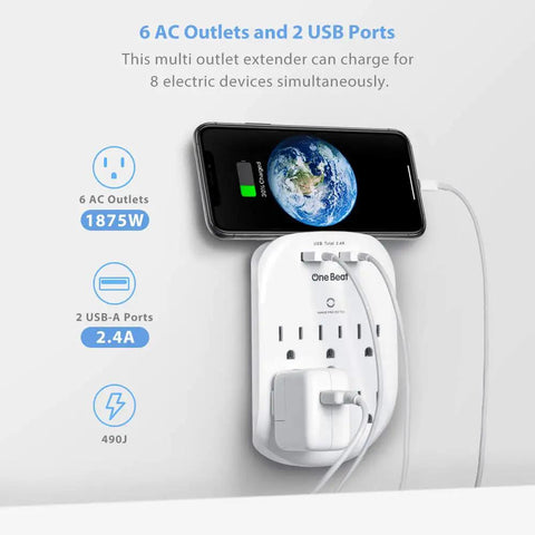 Six Outlet Surge Protector Power Strip With Two USB Ports Fast Charge 2.4A 490 Joules Surge Protection ETL Listed For Home Office School And Classroom Use