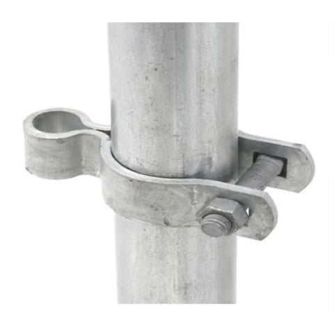 Two Pack Chain Link Fence Gate Post Hinge For Two And Three Eighths Inch OD Posts Galvanized Steel With Zinc Powder Coat Outdoor Gate Hardware Includes Nuts And Bolts Five Eighths Inch Pin For Smooth Gate Operation close-up view showing installed hinge