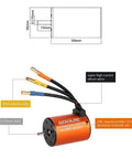 Diagram of Waterproof 3650 3500KV Brushless Motor with 60A ESC Combo for 1/10 RC Car, showing dimensions and components.