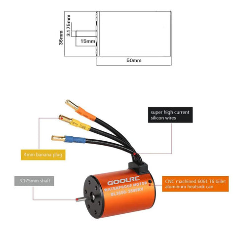 Diagram of Waterproof 3650 3500KV Brushless Motor with 60A ESC Combo for 1/10 RC Car, showing dimensions and components.