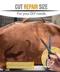 Large Self Adhesive Leather Repair Patch For Furniture Couches Chairs And Car Seats Quick Fix Reupholster Leather Patches 0.6mm Thick Easy Peel And Stick Black 19 By 50 Inch shown on a leather bag with scissors.