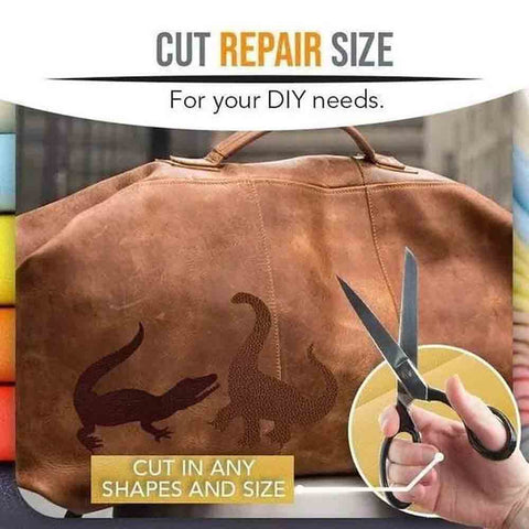 Large Self Adhesive Leather Repair Patch For Furniture Couches Chairs And Car Seats Quick Fix Reupholster Leather Patches 0.6mm Thick Easy Peel And Stick Black 19 By 50 Inch shown on a leather bag with scissors.