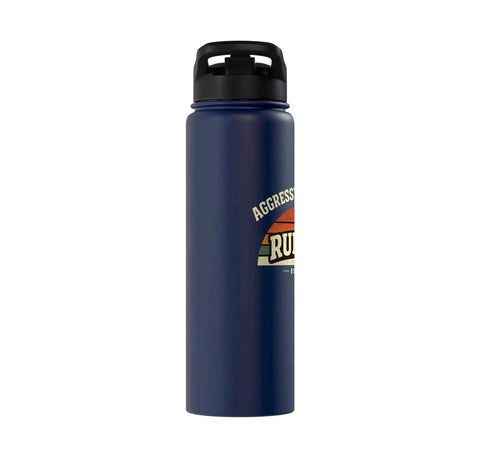 Aggressively Hydrated Run Club Stainless Steel Insulated Water Bottle with Retro Rainbow Graphic, navy blue color, side view.