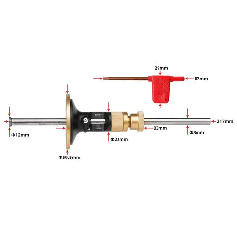 Solid Brass Wheel Marking Gauge Kit Featuring Metric Micro Adjuster Ruler And Hardened Steel Cutter For Bullseye Accurate Wood Scribing dimensions and components