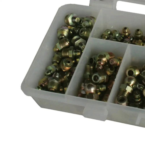 80 Piece SAE Grease Fitting Kit With Labeled Compartments For Easy Identification, steel fittings in plastic case