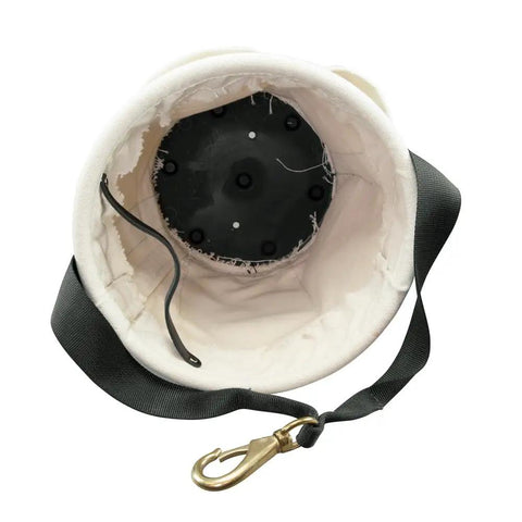 Interior view of Heavy Duty Tapered Wall Bucket with Four Pockets for Pros, showing reinforced web handle and leather strap.