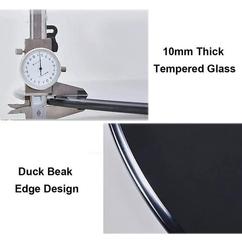 Top Shelf Thirty Nine Inch Black Tempered Glass Lazy Susan Turntable Featuring Smooth 360 Degree Spinning Action For Kitchen Tables Party Hosting And Home Entertainment Game Changer showcasing 10mm thick glass and duck beak edge design.
