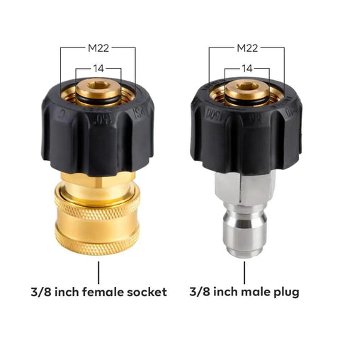 3/8 inch female socket and male plug for 50 Ft Pressure Washer Hose With 3 By 8 Inch Quick Connect, kink resistant brass adapters.