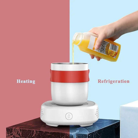 Desk Side Electric Cup Warmer And Cooler Fast Freeze Tech With Auto Shut Off Waterproof Build controlling drink temperature.