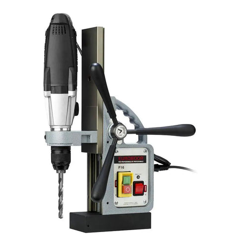 Heavy Duty Magnetic Drilling Base For 110V Equipment Shop Tough Metalworking Foundation With Bulletproof Holding Force and Precision F16 Plus Engineering for Every Trade Job with drill attachment.