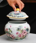 Hand Painted Floral Ceramic Tea Storage Jar With Secure Tight Seal Lid For Loose Leaf Coffee Beans Spices And Dry Goods, open lid view.