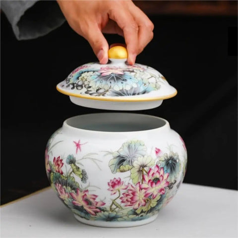Hand Painted Floral Ceramic Tea Storage Jar With Secure Tight Seal Lid For Loose Leaf Coffee Beans Spices And Dry Goods, open lid view.