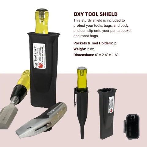 Oxy Tool Shield with two pockets, black holder for tools like screwdrivers, 2 oz, dimensions 6"x2.6"x1.6"