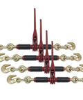 Four Pack Ratchet Chain Binders With Rubber Grips For Flatbed Hauling, Beefy Five Sixteenths And Three Eighths Inch Chain, 7100 Lbs WLL, Closed Body Lever, G70 Eye Grab Hooks, Powder Coated Finish, 14 Inch Handle And 10 Inch Barrel, arranged in a row